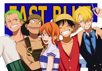 1girl 4boys absurdres bare_shoulders black_hair black_jacket black_necktie blonde_hair blue_shirt blue_sky border brown_eyes brown_overalls cigarette closed_eyes cloud cloudy_sky collarbone collared_shirt earrings facial_scar green_hair grin haramaki hat highres holding holding_cigarette jacket jewelry long_nose looking_at_viewer monkey_d._luffy multiple_boys nami_(one_piece) necktie ntuki_oo3 one_piece open_mouth orange_hair outside_border overalls red_vest roronoa_zoro sanji_(one_piece) scar scar_on_cheek scar_on_face shirt short_hair short_sleeves single_sidelock sky smile straw_hat straw_hat_pirates upper_body usopp vest white_border white_shirt