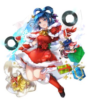 1girl :d animal_ears antlers blue_eyes blue_hair box capelet character_doll chisel deer_ears doll dress drill_hair drill_sidelocks full_body fur_trim game_cg gift gift_box gloves hair_ornament hair_rings hair_stick hakurei_frontier_spell_strive hat hat_ornament highres horns kaku_seiga kutsuki_kai looking_at_viewer miyako_yoshika newsboy_cap official_art ofuda open_mouth purple_hat red_capelet red_dress red_gloves reindeer_antlers sack santa_costume santa_hat sidelocks smile solo star_(symbol) star_hat_ornament third-party_source touhou transparent_background