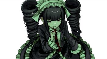 1girl absurdres black_hair black_jacket black_nails bonnet celestia_ludenberg danganronpa:_trigger_happy_havoc danganronpa_(series) drill_hair earrings frills gothic_lolita gushagushap highres jacket jewelry lolita_fashion long_hair long_sleeves looking_at_viewer nail_polish necktie red_eyes red_necktie shirt smile solo twin_drills twintails