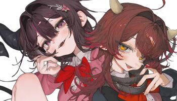 2girls ahoge alternate_costume artist_request azki_(hololive) bow bowtie brown_hair center-flap_bangs demon_girl demon_horns demon_tail double-parted_bangs fangs fingernails gradient_hair hair_intakes hair_ornament hairclip hololive horns long_hair looking_afar looking_at_viewer multicolored_hair multiple_girls pink_streaks pink_sweater red_bow red_bowtie roboco-san second-party_source shirt shorts shorts_under_skirt sweater tail virtual_youtuber white_shirt yellow_eyes