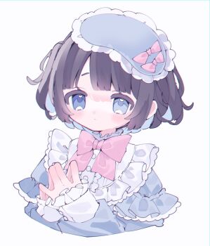1girl blue_eyes blue_hair blue_shirt blush bow bowtie brown_hair closed_mouth colored_inner_hair commentary_request cropped_torso frilled_sleeves frills highres long_sleeves multicolored_hair original pink_bow pink_bowtie shirt short_hair simple_background sleep_mask solo steepled_fingers upa_papa_co white_background