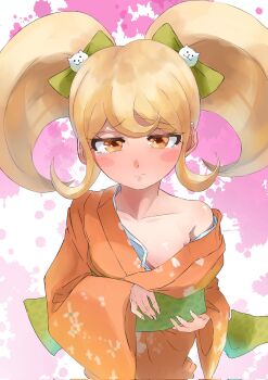 1girl amaruru0723 blonde_hair blush blush_stickers bow breasts cat_hair_ornament closed_mouth collarbone commentary_request corrupted_twitter_file danganronpa_(series) danganronpa_2:_goodbye_despair green_bow green_sash hair_bow hair_ornament highres japanese_clothes kimono long_hair long_sleeves multiple_hair_bows obi orange_eyes orange_kimono raised_inner_eyebrows saionji_hiyoko sash sidelocks single_off_shoulder small_breasts solo splatter_background tearing_up twintails upper_body white_background wide_sleeves