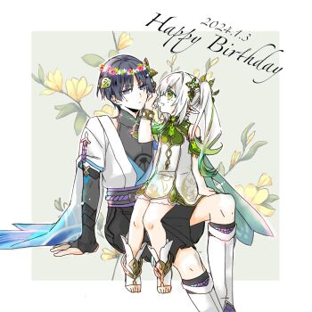 1boy 1girl alternate_headwear anklet aqua_cape arm_at_side arm_support armlet armor bare_shoulders belt black_belt black_bodysuit black_bow black_hair black_shorts bloomers blue_kimono blue_sleeves blunt_ends bodysuit border borrowed_accessory bow bracelet bridal_gauntlets cape choppy_bangs closed_mouth commentary_request covered_collarbone cross-shaped_pupils dated detached_sleeves dress eyeliner floral_background flower flower_wreath furisode gem genshin_impact gold_trim green_background green_eyes green_gem green_hair green_pupils green_sleeves grey_bridal_gauntlets hair_ornament hakama hakama_shorts hand_up happy_birthday hetero highres japanese_armor japanese_clothes jewelry juban kimono knees_together_feet_apart kote kurokote layered_sleeves leaf leaf_hair_ornament leaf_on_head leg_warmers long_hair looking_at_another makeup mandarin_collar multicolored_hair nahida_(genshin_impact) open_clothes open_kimono open_mouth parted_bangs pleated_shorts pointy_ears purple_eyes purple_rope purple_sash red_eyeliner rope sash scaramouche_(genshin_impact) shimizumikann short_sleeves shorts shoulder_peek side_ponytail sidelocks sitting sitting_on_lap sitting_on_person socks streaked_hair sweatdrop symbol-shaped_pupils toeless_socks tsurime underwear wanderer_(genshin_impact) white_bloomers white_border white_dress white_hair white_kimono white_leg_warmers white_sleeves white_socks white_trim yellow_flower
