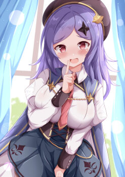 1girl :d beret black_hat blue_cape blue_skirt blush bodice breasts cape commentary_request curtains day hair_ornament hat highres indoors iris_(stella_sora) large_breasts long_hair long_sleeves looking_at_viewer necktie open_mouth parted_lips purple_hair red_eyes red_necktie shirt sidelocks skirt smile solo standing star_(symbol) star_hair_ornament stella_sora white_shirt window xenon_(for_achieve)
