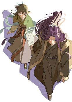 1boy 1girl absurdres beads black_robe black_shoes blue_ribbon blush bun_cover chinese_clothes dangomochi2 flats from_above full_body green_hair green_shirt grey_skirt hair_beads hair_bun hair_ornament hair_ribbon hetero highres holding_hands jinshi_(kusuriya_no_hitorigoto) kusuriya_no_hitorigoto maomao_(kusuriya_no_hitorigoto) parted_bangs purple_hair ribbon robe shirt shoes sidelocks skirt walking white_background