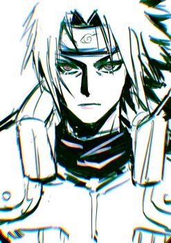 1boy closed_mouth commentary_request curtained_hair flak_jacket forehead_protector highres jacket konohagakure_shinobi_uniform konohagakure_symbol looking_at_viewer male_focus momoyoru1 namikaze_minato naruto_(series) short_hair simple_background solo white_background