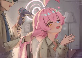 1boy 1girl absurdres ahoge blue_archive blue_eyes blue_necktie collared_shirt doodle_sensei_(blue_archive) drying drying_another&#039;s_hair drying_hair hair_dryer halo heterochromia high_(hgih) highres hoshino_(blue_archive) indoors long_hair long_sleeves necktie open_mouth partially_unbuttoned pink_hair pink_halo puffy_long_sleeves puffy_sleeves sensei_(blue_archive) shirt sitting white_shirt yellow_eyes