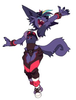 1girl androgynous animal_ear_fluff animal_ears animal_hands arms_up bra claws closed_eyes commentary curled_tail english_commentary flat_chest furry furry_female grey_fur highres horns melt_(seelmaru) multicolored_hair open_mouth original panties pants red_bra seel_(seelmaru) sharp_teeth shoes short_hair simple_background sneakers solo standing streaked_hair tail tank_top teeth underwear white_background white_shoes white_tank_top wristband