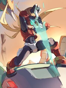 1boy armor battle blonde_hair energy_sword forehead_jewel helmet highres holding holding_sword holding_weapon long_hair male_focus mega_man_(series) mega_man_zero_(series) non-humanoid_robot omochi_(mochi_skymega) red_armor red_helmet robot robot_animal solo_focus standing sword weapon z_saber zero(z)_(mega_man) zero_(mega_man)