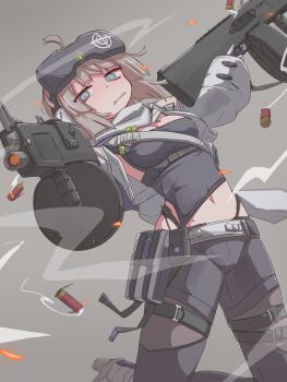 1girl aa-12 aa-12_(girls'_frontline) absurdres ahoge blonde_hair blue_eyes breasts cleavage commentary_request cropped_jacket dual_wielding finger_on_trigger girls'_frontline girls'_frontline_2:_exilium gloves gun headset highres holding jacket kneeling lind_(neural_cloud) lollipop_in_mouth looking_at_viewer navel open_clothes open_jacket parted_lips player193 scarf shell_casing shotgun small_breasts smoke solo weapon white_jacket white_scarf