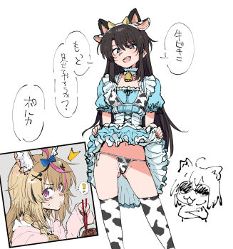 Rule 34 | !, 3girls, alternate costume, alternate hair length, alternate hairstyle, animal ear fluff, animal ear hairband, animal ears, animal print, bell, bikini, bikini over clothes, bikini under clothes, black hair, blonde hair, blue bow, blue choker, blue dress, blue eyes, bow, braid, breasts, chibi, choker, chopsticks, clothes lift, club hair ornament, commentary, corset, cow ears, cow horns, cow print, cow print bikini, cow print thighhighs, cowbell, crossed arms, diamond hairband, dress, eating, facepaint, fake animal ears, fake horns, feet out of frame, fox ears, fox girl, frilled choker, frilled dress, frilled skirt, frilled sleeves, frills, gluteal fold, hair bow, hair ornament, hairband, heart, heart-shaped pupils, heart hair ornament, henriiku (ahemaru), highres, holding, holding chopsticks, hololive, horns, jacket, lifting own clothes, long hair, looking at viewer, multicolored hair, multiple girls, neck bell, nekomata okayu, notice lines, omaru polka, oozora subaru, open mouth, pink hair, pink jacket, playing card theme, print bikini, print thighhighs, puffy short sleeves, puffy sleeves, purple eyes, short sleeves, side-tie bikini bottom, side braid, sidelocks, simple background, skirt, skirt lift, small breasts, smile, solo focus, spade hair ornament, speech bubble, spoken exclamation mark, standing, straight hair, streaked hair, sunglasses, sweatdrop, swimsuit, symbol-shaped pupils, thighhighs, translated, virtual youtuber, white background, white corset, white hairband