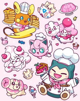 Rule 34 | alcremie, alcremie (strawberry sweet), alolan form, alolan raichu, aqua eyes, artist name, bandana, blush, butter, character-themed food, chef hat, commentary, cotton candy, cupcake, ditto, drink, fangs, fidough, food, fruit, gelatin, gen 1 pokemon, gen 2 pokemon, gen 3 pokemon, gen 6 pokemon, gen 7 pokemon, gen 8 pokemon, hat, heart, highres, jigglypuff, macaron, mamobot, milcery, nintendo, no humans, pancake, pie, pikachu, pink background, pink eyes, plate, pokemon, pokemon (creature), pokemon focus, rare candy, slurpuff, smile, snorlax, spoon, strawberry, swablu, swirlix, sylveon, untranslatable commentary, togepi, tongue, tongue out, whipped cream