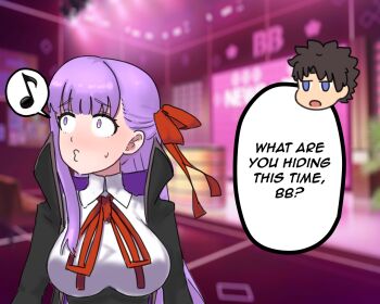 1boy 1girl bb_(fate) bb_(fate/extra) black_hair blue_eyes blurry blurry_background breasts chibi chibi_inset commentary constricted_pupils eighth_note english_commentary fate/grand_order fate_(series) fujimaru_ritsuka_(male) hair_ribbon large_breasts musical_note puckered_lips purple_eyes raised_inner_eyebrows raskasar ribbon single_sidelock spoken_musical_note sweatdrop whistling