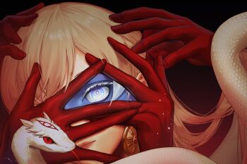 1girl artist_name blue_skin closed_mouth color_contrast colored_extremities colored_skin durga_(fate) earrings expressionless extra_arms fate/grand_order fate_(series) fingernails highres jewelry kali_(fate) kitsune_no_mado long_hair looking_at_viewer myoha_moon red_eyes red_lips scales slit_pupils solo thick_eyelashes white_hair