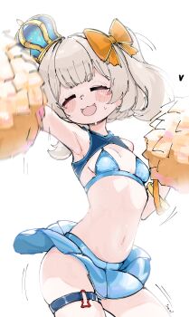 1girl :3 absurdres arm_up armpits artist_name bangle bare_shoulders bikini bikini_top_only blue_bikini blue_shrug blue_skirt blush bow bracelet breasts cheerleader closed_eyes cowboy_shot crown froq_art grey_hair hair_bow heart highres holding holding_pom_poms jewelry loli marimari_(vtuber) microskirt motion_blur motion_lines navel open_mouth orange_bow phase_connect pom_pom_(cheerleading) pom_poms short_eyebrows short_hair shrug_(clothing) simple_background skirt sleeveless small_breasts smile solo stomach sweat swimsuit thigh_strap twintails virtual_youtuber white_background