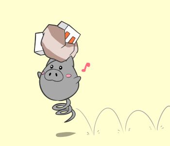 blush blush_stickers bouncing commentary_request flat_color full_body gen_3_pokemon highres motion_lines musical_note nacli nail_polish nintendo nostrils on_head pokemon pokemon_(creature) pokemon_focus pokemon_on_head rectangular_eyes redny simple_background spoink yellow_background