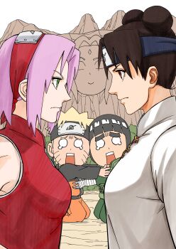 Rule 34 | 2boys, 2girls, absurdres, black hair, blonde hair, brown hair, commentary, comrade bai yangqi, english commentary, face-to-face, flak jacket, forehead protector, haruno sakura, highres, hug, jacket, konohagakure symbol, multiple boys, multiple girls, naruto (series), naruto shippuuden, ninja, pink hair, rock lee, tenten (naruto), uzumaki naruto