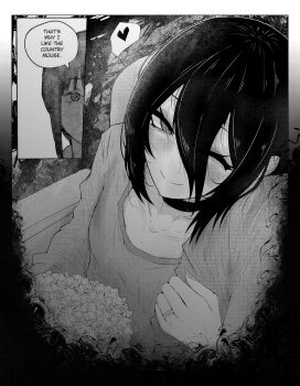 2girls absurdres arm_hug breasts chainsaw_man choker closed_mouth collarbone commentary english_commentary food greyscale hair_between_eyes heart highres jewelry makima_(chainsaw_man) mayoa monochrome multiple_girls one_eye_closed popcorn reze_(chainsaw_man) ring shirt short_hair small_breasts smile solo solo_focus spoken_heart