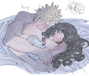 1boy 1girl aerith_gainsborough bed_sheet blonde_hair brown_hair chibi chibi_inset closed_eyes cloud_strife couple cuddling curly_hair final_fantasy final_fantasy_vii hair_between_eyes hetero highres hug hug_from_behind long_hair mmmckayyy parted_bangs short_hair sidelocks spiked_hair toned toned_male topless_male under_covers upper_body white_background