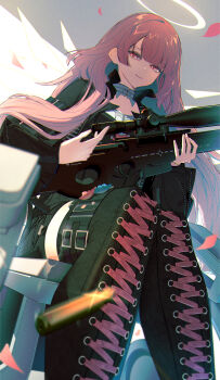 1girl absurdres arknights black_boots black_shorts blue_hair boots closed_mouth commentary_request detached_wings film_grain from_below grey_background gun halo highres holding holding_gun holding_weapon kimo_suna lace-up_boots lemuen_(arknights) long_hair looking_at_viewer pink_eyes pink_hair shorts smile solo thigh_boots traditional_halo weapon wheelchair white_halo wings