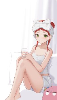 2girls absurdres after_bathing bare_arms bare_legs barefoot blob blush bocchi_the_rock! breasts cleavage closed_mouth collarbone commentary cube_hair_ornament cup eyelashes glass gotoh_hitori green_eyes hair_ornament highres holding holding_cup jianshu kita_ikuyo knees_up long_hair looking_at_viewer multiple_girls o_o on_bed one_side_up own_hands_together red_hair shorts sidelocks simple_background sitting small_breasts smile solo_focus thighs towel towel_bow towel_on_head undershirt white_background