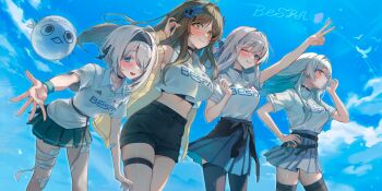 4girls absurdres adina_savic ahoge alternate_costume arm_up black_choker black_shorts black_skirt black_survival black_thighhighs blue_eyes blue_skirt breasts brown_hair choker closed_mouth collared_shirt crop_top crop_top_overhang day eternal_return:_black_survival eyepatch green_eyes grin gweon_sua gyogyog hair_over_one_eye hairband hand_on_own_hip hand_up high-waist_shorts highres jacket large_breasts leaning_forward long_hair long_sleeves looking_at_viewer midriff minami_rio miniskirt multiple_girls off_shoulder one_eye_closed open_clothes open_jacket open_mouth orange_eyes outdoors outstretched_arm pleated_skirt shirt shirt_tucked_in short_hair short_shorts shorts sissela_kyle skindentation skirt sleeveless sleeveless_shirt smile symbol-shaped_pupils thigh_strap thighhighs thighs v white_hair white_shirt wilson_(black_survival) yellow_jacket zettai_ryouiki