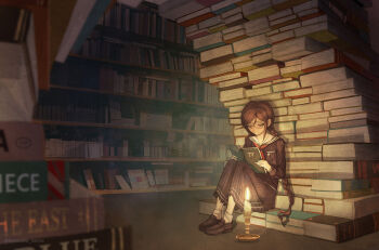 1girl black_serafuku black_shirt black_shoes black_skirt book bookshelf braid breast_pocket brown_hair candle candlestand closed_mouth collared_shirt commentary commission danganronpa:_trigger_happy_havoc danganronpa_(series) english_commentary fire fukawa_toko full_body glasses highres holding holding_book indoors kushen library long_hair long_skirt long_sleeves neckerchief open_book pocket reading red_neckerchief round_eyewear sailor_collar school_uniform serafuku shirt shoes skirt skirt_set socks solo twin_braids twintails twitter_username white_sailor_collar white_socks