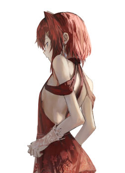 1girl absurdres ange_katrina ange_katrina_(3rd_costume) back backless_dress backless_outfit bare_shoulders blue_eyes breasts bridal_gauntlets cokei commentary_request dress earrings floral_print floral_print_dress from_behind halter_dress halterneck highres jewelry medium_hair nijisanji open_mouth pink_bridal_gauntlets print_dress red_dress red_hair sideboob simple_background sleeveless sleeveless_dress small_breasts solo upper_body variant_set virtual_youtuber white_background