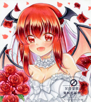 1girl alternate_costume bat_wings blush bouquet breasts bridal_veil cleavage commentary dress flower grey_background hashtag-only_commentary head_wings highres holding holding_bouquet koakuma long_hair looking_at_viewer marker_(medium) multiple_wings nekofish666 open_mouth red_flower red_hair red_rose rose simple_background smile solo touhou traditional_media twitter_username upper_body veil watermark wedding_dress wings