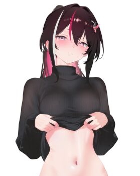 1girl alternate_costume azki_(hololive) black_hair black_sweater blush breasts closed_mouth clothes_lift cohi27151463 colored_inner_hair hair_between_eyes hair_ornament hashtag-only_commentary highres hololive lifting_own_clothes long_hair long_sleeves looking_at_viewer medium_breasts multicolored_hair navel pink_eyes pink_hair ponytail purple_eyes ribbed_sweater simple_background solo stomach stomach_day streaked_hair sweater sweater_lift turtleneck turtleneck_sweater upper_body virtual_youtuber white_background white_hair