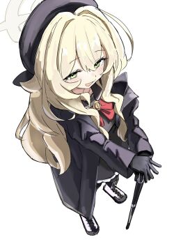 1girl beret black_coat black_gloves black_hat black_pantyhose black_sailor_collar black_serafuku blonde_hair blue_archive blush bow bowtie cane coat commentary fluffy_hair from_above gloves green_eyes hair_intakes halo hat highres holding holding_cane long_hair nshima000 open_mouth pantyhose professor_niyaniya_(blue_archive) red_bow red_bowtie sailor_collar school_uniform serafuku side_ahoge simple_background smile solo white_background yellow_halo