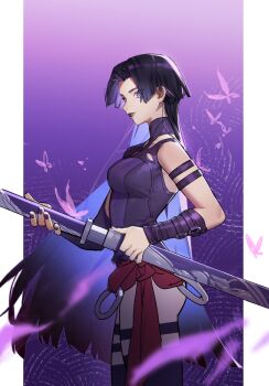 1girl absurdres bare_shoulders black_hair black_lips bug butterfly closed_mouth highres insect katana leotard lipstick long_hair looking_at_viewer makeup marvel marvel_rivals pink_butterfly psylocke psylocke_(vengeance) purple_eyes purple_leotard purple_thighhighs red_sash sash solo sword thighhighs very_long_hair weapon wushier