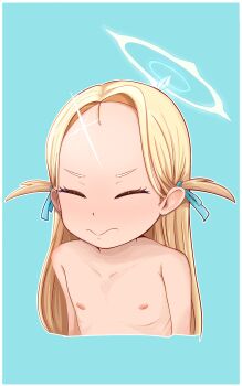1girl blonde_hair blue_archive blue_background blue_halo blush closed_eyes closed_mouth collarbone dot_nose embarrassed eyelashes female_focus flat_chest forehead halo loli long_hair nipples nude oscarlllll simple_background solo sora_(blue_archive) two_side_up upper_body variant_set