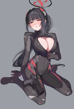 1girl absurdres black_bodysuit black_hair black_halo blue_archive bodysuit breasts bright_pupils commentary_request grey_hair gun halo handgun highres holster holstered huge_breasts impossible_bodysuit impossible_clothes latex latex_bodysuit long_hair looking_at_viewer morino_(harpoomoss) multicolored_halo official_alternate_costume official_alternate_hairstyle open_bodysuit open_clothes red_eyes ringed_eyes rio_(armed)_(blue_archive) rio_(blue_archive) simple_background sitting skin_tight solo thigh_holster two-tone_halo very_long_hair wariza weapon white_pupils
