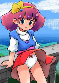 1girl arm_support blue_eyes blue_shirt blush bow bow_panties cloud crotch_seam flat_chest hair_ornament hair_ribbon hairband heart heart_hair_ornament heart_necklace loli looking_at_viewer magical_girl mahou_no_princess_minky_momo minky_momo necklace ocean panties pink_hair red_bow red_skirt ribbon shirt short_hair short_sleeves skirt sky sleeveless sleeveless_shirt smile standing tree underwear water white_panties white_shirt wind wind_lift yellow_ribbon youseisan255