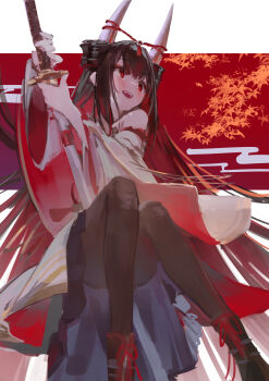 1girl absurdres azur_lane black_boots black_hair black_pantyhose blush boots commentary_request detached_sleeves fangs hair_between_eyes hatsuzuki_(azur_lane) highres holding holding_sword holding_weapon horns japanese_clothes katana leaf long_hair multicolored_hair open_mouth pantyhose red_eyes red_hair sheath solo sword tassel unsheathing very_long_hair weapon wide_sleeves yu_hydra