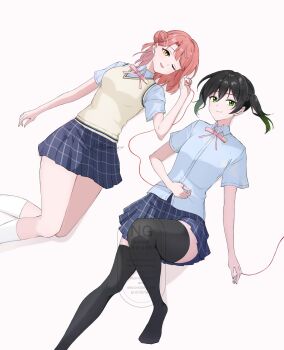 2girls black_hair black_thighhighs blue_shirt bow hair_bun highres looking_at_viewer love_live! love_live!_nijigasaki_high_school_idol_club mikami_sy multiple_girls nijigasaki_school_uniform one_eye_closed open_mouth pink_bow pink_hair school_uniform shirt short_hair simple_background skirt socks string string_of_fate sweater_vest takasaki_yu thighhighs twintails uehara_ayumu watermark white_socks yellow_eyes yuri