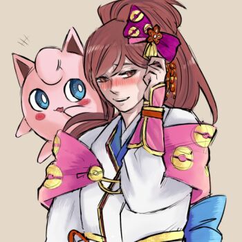 blue_eyes blush brown_eyes brown_hair gen_1_pokemon hair_ribbon hand_in_own_hair japanese_clothes jigglypuff kimono long_hair nintendo obi oichi_(pokemon_conquest) oichi_(sengoku_musou) parted_lips poke_ball_print pokemon pokemon_conquest ponytail ribbon sash sengoku_musou smile source_request swept_bangs