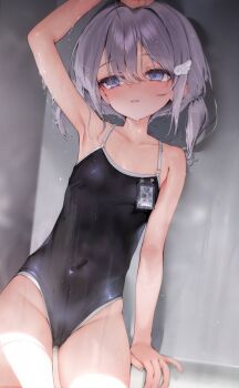 1girl absurdres arm_up black_one-piece_swimsuit blue_eyes blush breasts commentary_request grey_hair hair_ornament highres low_twintails medium_hair one-piece_swimsuit original school_swimsuit small_breasts solo swimsuit twintails wet yunmi_0527
