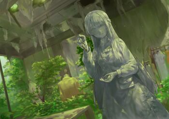 1girl abandoned absurdres bag braid commentary_request commission dress half_up_braid highres holding holding_jewelry jewelry light_particles long_hair long_sleeves mizore_akihiro nature original overgrown petrification pinafore_dress plant second-party_source skeb_commission sleeveless sleeveless_dress smile solo statue tree