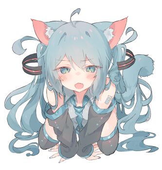 1girl ahoge animal_ear_fluff animal_ears aqua_eyes aqua_hair aqua_nails aqua_necktie bare_shoulders between_legs black_boots boots cat_ears cat_girl cat_tail commentary detached_sleeves fang grey_shirt hand_between_legs hatsune_miku highres kneeling looking_at_viewer nail_polish necktie nekonika_(e102k) open_mouth shirt shoulder_tattoo simple_background sleeveless sleeveless_shirt solo tail tattoo thigh_boots vocaloid white_background