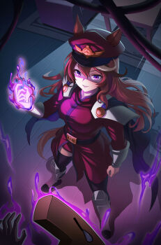 1girl 1other animal_ears armor aura black_thighhighs breasts brown_hair commentary_request cosplay dark_aura ears_through_headwear evil_smile hair_between_eyes hakuki hat highres horse_ears horse_girl horse_tail jacket large_breasts long_hair long_sleeves m._bison m._bison_(cosplay) multicolored_hair parted_lips peaked_cap purple_eyes red_jacket shin_guards shoulder_armor shoulder_pads smile solo_focus streaked_hair street_fighter symboli_rudolf_(umamusume) t-head_trainer_(umamusume) tail thighhighs trainer_(umamusume) umamusume white_hair