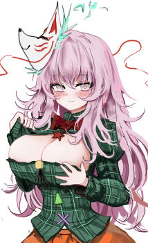 1girl blush bow bowtie breasts buttons cleavage cleavage_cutout closed_mouth clothing_cutout commentary expressionless eyelashes fox_mask green_shirt hata_no_kokoro highres large_breasts long_hair long_sleeves looking_at_viewer mask mask_on_head multicolored_buttons orange_skirt ougiikun pink_hair plaid_clothes plaid_shirt red_bow red_bowtie shirt simple_background skirt solo star_(symbol) touhou triangle white_background x_(symbol)