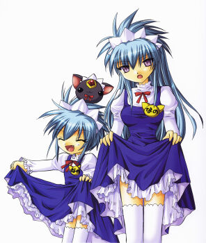 00s 2girls blue_hair broccoli clothes_lift dress dress_lift fang galaxy_angel galaxy_angel_rune kanan multiple_girls nano-nano_pudding thighhighs