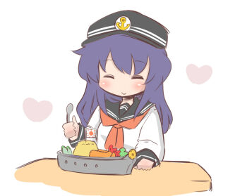 Rule 34 | 10s, 1girl, akatsuki (kancolle), anchor symbol, closed eyes, female focus, flag, flat cap, food, hanomido, hat, kantai collection, long hair, long sleeves, neckerchief, okosama lunch, purple hair, red neckerchief, school uniform, serafuku, shrimp, shrimp tempura, smile, solo, spoon, tempura, white background