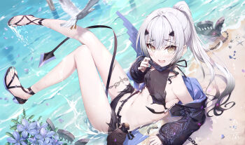 1girl beach bikini black_bikini black_shrug blush breasts dragon_wings fate/grand_order fate_(series) forked_eyebrows gabiran high_ponytail highres jewelry long_hair long_sleeves looking_at_viewer mask melusine_(fate) melusine_(swimsuit_ruler)_(fate) melusine_(swimsuit_ruler)_(first_ascension)_(fate) mouth_mask navel open_mouth ponytail sandals shore shrug_(clothing) sidelocks small_breasts smile solo stomach_tattoo swimsuit tail tattoo thighlet white_hair wings yellow_eyes