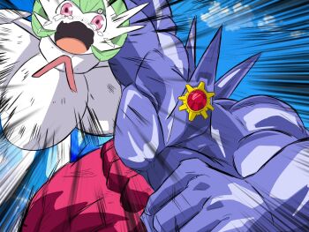 1boy 1girl attack biceps broly_(dragon_ball_z) colored_skin dragon_ball dragonball_z gardevoir gem gen_1_pokemon grabbing_another's_hair highres holding_another's_hair imminent_death looking_at_viewer m_s_paragus mega_gardevoir mega_pokemon mega_starmie moaning motion_lines movie_reference muscular nintendo no_eyes no_humans parody pink_eyes pokemon pokemon_(creature) pokemon_focus purple_skin red_gem scene_reference sharp_teeth shiny_skin starmie tears teeth violence wavy_mouth