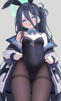 Rule 34 | 1girl, adjusting clothes, adjusting leotard, alternate costume, animal ear hairband, animal ears, aqua halo, aris (blue archive), bare shoulders, black hair, black hairband, black leotard, black pantyhose, blue archive, blue bow, blue bowtie, blue eyes, blush, bow, bowtie, collar, commentary request, detached collar, fake animal ears, hair between eyes, hairband, halo, highleg, highleg leotard, highres, jacket, leotard, long hair, looking at viewer, off shoulder, on ura358, open mouth, pantyhose, playboy bunny, rabbit ears, solo, strapless, strapless leotard, textless version, very long hair, white collar