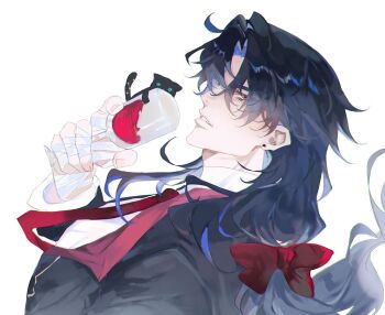 Rule 34 | 1boy, alternate costume, animalization, bandaged hand, bandages, black cat, blade (honkai: star rail), blue hair, bow, cat, cup, dan heng (honkai: star rail), double-parted bangs, drinking glass, earrings, formal clothes, from side, highres, honkai: star rail, honkai (series), jewelry, long hair, low-tied long hair, male focus, necktie, pszspzzsp, red bow, red eyes, suit, teeth, white background, wine glass