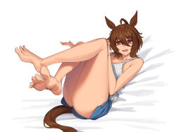 Rule 34 | 1girl, absurdres, agnes tachyon (umamusume), ahoge, animal ears, barefoot, boxers, commentary request, crossed legs, earrings, feet, foreshortening, fukuro (maruaru00), full body, highres, horse ears, horse girl, horse tail, jewelry, looking at viewer, lying, male underwear, medium hair, on back, red eyes, single earring, soles, solo, tail, tank top, thigh focus, toes, umamusume, underwear, white tank top